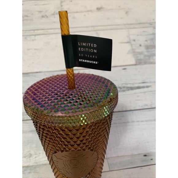 Starbucks 2021 50th YEAR ANNIVERSARY GOLD COPPER STUDDED Grande Tumbler Cup NEW - Picture 2 of 4